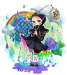  1boy absurdres blackmore blonde_hair blue_eyes catch_the_rainbow flower gradient_eyes highres holding holding_umbrella jojo_no_kimyou_na_bouken leaf leggings male_focus mask multicolored multicolored_eyes rain rainbow raincoat sasamiyu0720 solo steel_ball_run umbrella violet_eyes water 