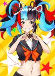  1girl absurdres black_hair blue_hair bow candy chocolate chocolate_heart crop_top fate/grand_order fate_(series) food grin hair_ornament hair_ribbon hairclip heart heart-shaped_pupils heart_hands highres looking_at_viewer multicolored multicolored_eyes multicolored_hair navel redhead ribbon saku_(kudrove) sei_shounagon_(fate) skirt smile solo star symbol-shaped_pupils twintails upper_body yellow_eyes 