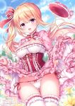  1girl :d absurdres ass_visible_through_thighs blonde_hair breasts clouds cowboy_shot crotch_seam day dress dress_lift floating_hair flower frilled_dress frills hair_ribbon highres long_hair looking_at_viewer medium_breasts mitsuba_choco open_mouth original outdoors panties pink_dress red_headwear ribbon scan side-tie_panties side_ponytail sky smile solo standing thigh-highs thighs underbust underwear very_long_hair violet_eyes white_legwear white_panties yellow_flower 