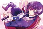  1boy black_neckwear black_pants character_name chess_piece code_geass crossed_legs gradient_hair grin hair_between_eyes happy_birthday highres holding jacket king_(chess) kubird_meme lelouch_lamperouge long_sleeves looking_at_viewer male_focus multicolored_hair pants purple_hair purple_jacket shiny shiny_hair shirt sitting smile solo violet_eyes white_shirt 