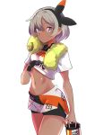  1girl absurdres black_hairband bottle breasts commentary dark_skin delrah grey_hair gym_leader hairband highres looking_at_viewer navel pokemon pokemon_(game) pokemon_swsh saitou_(pokemon) short_hair short_shorts short_sleeves shorts small_breasts solo standing sweat towel water_bottle white_background white_legwear 
