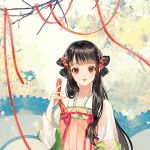  1girl bangs black_hair chinese_clothes closed_mouth commentary_request eyebrows_visible_through_hair flower hair_flower hair_ornament hair_over_shoulder hanfu long_hair long_sleeves looking_at_viewer mizura original red_eyes red_flower red_ribbon ribbon say_hana smile solo tree_branch twintails upper_body very_long_hair 
