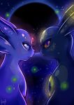 brown_eyes closed_mouth commentary creature english_commentary espeon expressionless eyelashes flufflixx from_side gen_2_pokemon highres looking_at_viewer no_humans pokemon pokemon_(creature) profile signature star umbreon upper_body violet_eyes 
