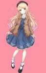  1girl absurdres alternate_costume beret blonde_hair blue_dress blue_eyes blue_headwear brown_coat coat commentary_request dress full_body hat highres jervis_(kantai_collection) kantai_collection long_hair mary_janes pink_background sa-ya2 shoes simple_background socks solo standing white_legwear 