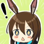  ! +_+ 1girl amiya_(arknights) animal_ear_fluff animal_ears arknights bangs blue_eyes blush blush_stickers brown_hair engiyoshi eyebrows_visible_through_hair green_background hair_between_eyes open_mouth rabbit_ears simple_background solo triangle_mouth upper_body yellow_pupils 