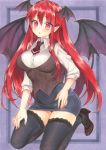  1girl :o ascot bangs black_footwear black_legwear black_skirt black_vest blush breasts commentary_request demon_tail demon_wings eyebrows_visible_through_hair hair_between_eyes head_wings high_heels highres koakuma large_breasts long_hair long_sleeves looking_at_viewer miniskirt mugicha_(mugicha0929) outside_border parted_lips pencil_skirt pointy_ears purple_background red_eyes red_neckwear redhead seiza shirt sidelocks sitting skirt solo tail thigh-highs thighs touhou traditional_media very_long_hair vest white_shirt wings zettai_ryouiki 