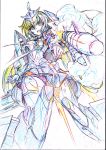  1girl breasts color_trace colored_pencil_(medium) elbow_gloves frame_arms_girl gloves gun headgear highres kumichou_(ef65-1118-ef81-95) long_hair looking_at_viewer low_twintails mecha_musume missile motion_blur open_mouth panties sideboob sketch skindentation smoke solo speed_lines striped striped_panties stylet thigh-highs traditional_media twintails underwear weapon white_background 