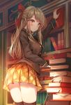  1girl book bookshelf eyebrows_visible_through_hair hair_ribbon half_updo highres kneehighs library long_hair looking_at_viewer munape original pleated_skirt ribbon school_uniform skirt solo thighs 