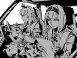  2girls ark_royal_(kantai_collection) bangs blunt_bangs bob_cut braid car car_interior cleavage_cutout corset crown cup dress fingerless_gloves flower french_braid gloves ground_vehicle hairband inverted_bob jacket kantai_collection long_hair long_sleeves mini_crown monochrome motor_vehicle multiple_girls off-shoulder_dress off_shoulder reading rose ruukii_drift short_hair sweat sweatdrop tea teacup thigh-highs tiara tsurime warspite_(kantai_collection) 