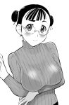  1girl bralines breasts closed_mouth glasses large_breasts looking_at_viewer monochrome original ribbed_sweater see-through shirt short_hair simple_background solo sweater ueyama_michirou wet wet_clothes wet_shirt white_background 