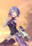  1girl absurdres aqua_(kingdom_hearts) black_gloves blue_eyes blue_hair blue_legwear blue_shirt blurry blurry_background breasts collarbone commentary_request depth_of_field detached_sleeves eyelashes feet_out_of_frame fingerless_gloves gloves gogo_(detteiu_de) hair_blowing hand_up highres kingdom_hearts kingdom_hearts_birth_by_sleep kneeling medium_breasts shiny shiny_hair shirt short_hair sleeveless solo thigh-highs wide_sleeves 