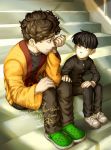  2boys arm_up artist_name bangs black_hair black_jacket black_pants blunt_bangs brown_hair buttons closed_mouth crying crying_with_eyes_open curly_hair facial_hair full_body green_footwear hand_on_another&#039;s_knee hand_on_own_knee insertsomthinawesome jacket kageyama_shigeo long_sleeves looking_at_another male_focus mob_psycho_100 multiple_boys pants school_uniform serizawa_katsuya shadow shoes short_hair signature sitting sitting_on_stairs smile sneakers stairs straight_hair stubble tears watermark web_address white_footwear 