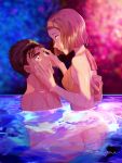  1boy 1girl artist_name bikini black_hair blue_eyes blurry blurry_background brown_hair couple czech_gana eye_contact fireworks from_side girl_on_top hairband halterneck hetero kyougoku_makoto looking_at_another meitantei_conan partially_submerged pool shiny shiny_hair short_hair shoulder_blades side-tie_bikini suzuki_sonoko swimsuit yellow_bikini yellow_hairband 