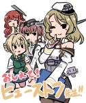  4girls ^_^ ^o^ atlanta_(kantai_collection) black_headwear black_legwear black_skirt blonde_hair blue_neckwear blue_skirt blush braid braided_bun closed_eyes de_ruyter_(kantai_collection) earrings eyebrows_visible_through_hair garrison_cap green_sailor_collar green_vest hair_between_eyes hat headgear high-waist_skirt houston_(kantai_collection) jewelry kantai_collection long_hair long_sleeves lowres multiple_girls neckerchief necktie one_eye_closed open_mouth orange_neckwear pantyhose peaked_cap pencil_skirt perth_(kantai_collection) pleated_skirt redhead sailor_collar shirt short_hair short_sleeves simple_background skirt smile star star_earrings suspender_skirt suspenders terrajin translated two_side_up vest white_background white_headwear white_shirt 