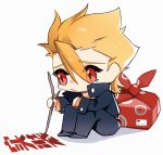  1boy archer_(fate/prototype) blonde_hair character_name chibi crying fate/prototype fate_(series) kiki7 leg_hug male_focus package red_eyes sitting solo stick tears writing 