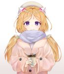  1girl ahoge aki_rosenthal bangs beige_jacket blonde_hair blue_nails breasts bubble_tea commentary detached_hair eyebrows_visible_through_hair fuenyuan hair_ornament holding hololive long_hair looking_at_viewer open_mouth scarf simple_background smile twintails violet_eyes virtual_youtuber white_background white_scarf 