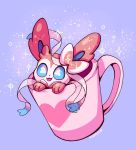  blue_eyes creature cup flufflixx gen_6_pokemon heart highres in_container in_cup mug no_humans pokemon pokemon_(creature) purple_background ribbon signature simple_background solo sparkle sylveon 