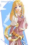  1girl bangs blonde_hair blunt_bangs bracelet breasts collarbone commentary dress feathers gem hair_tubes harp instrument jewelry lips long_hair long_sleeves looking_to_the_side medium_breasts parted_lips pink_dress pointy_ears princess_zelda shawl shuri_(84k) sidelocks smile solo the_legend_of_zelda the_legend_of_zelda:_skyward_sword twitter_username 