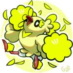  bird bird_focus black_eyes commentary creature english_commentary feathers full_body gen_7_pokemon jumping no_humans one_eye_closed oricorio oricorio_(pom-pom) pinkgermy pokemon pokemon_(creature) signature solo yellow_background yellow_theme 