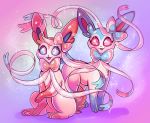  :d alternate_color commentary creature english_commentary eyelashes fang fangs flufflixx full_body gen_6_pokemon happy no_humans open_mouth pink_eyes pokemon pokemon_(creature) ribbon shadow shiny_pokemon signature sitting smile sparkle standing sylveon violet_eyes 