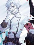  1boy arknights armband arsh_(thestarwish) belt black_belt black_gloves fingernails gloves green_eyes hand_on_own_face hand_over_eye highres male_focus mephisto_(arknights) parted_lips smile solo teeth upper_teeth white_hair 