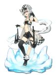  1girl :d absurdres animal_ear_fluff animal_ears arknights armband bandeau bangs bare_arms bare_shoulders black_footwear black_gloves black_shorts boots breasts cabbie_hat checkered cliffheart_(arknights) commentary dress drop_shadow eyebrows_visible_through_hair full_body fur-trimmed_boots fur_trim gloves grey_eyes hair_between_eyes hand_up hat highres holding holding_weapon jewelry leopard_ears leopard_tail looking_at_viewer medium_breasts midriff navel necklace ontama_(z1p579) open_clothes open_dress open_mouth short_hair short_shorts shorts silver_hair simple_background single_thighhigh smile solo standing stomach strapless tail thigh-highs thighs tubetop weapon white_background white_dress white_headwear 