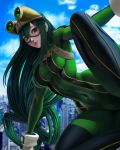 1girl asui_tsuyu black_eyes bodysuit boku_no_hero_academia breasts commentary gloves green_bodysuit hair_rings highres hlulani long_hair looking_at_viewer low-tied_long_hair signature solo tongue tongue_out watermark web_address 