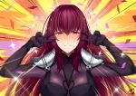  1girl bangs blush bodysuit breasts confetti double_v egasumi emotional_engine_-_full_drive fate/grand_order fate_(series) hair_between_eyes hair_intakes large_breasts long_hair looking_at_viewer okitakung parody pauldrons purple_bodysuit purple_hair red_eyes scathach_(fate)_(all) scathach_(fate/grand_order) solo sparkle star v yellow_background 