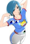  1girl animal_print belt blue_hair breasts frog_print hand_in_hair highres looking_at_viewer mahha_warabi may_lee open_mouth shirt short_hair simple_background solo sunglasses the_king_of_fighters white_background 