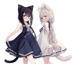  2girls :d animal_ears bare_arms bare_shoulders black-framed_eyewear black_dress black_hair black_sailor_collar blue_eyes brown_eyes cat_ears cat_girl cat_hair_ornament cat_tail closed_mouth commentary_request dress glasses grey_hair hair_ornament hair_ribbon long_hair low_twintails multiple_girls open_mouth original ribbon round_eyewear sailor_collar sailor_dress simple_background sleeveless sleeveless_dress smile tail tokuno_yuika twintails very_long_hair white_background white_dress white_ribbon white_sailor_collar 