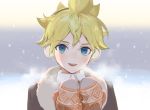  1boy blonde_hair blue_eyes brown_coat coat earmuffs fur-trimmed_coat fur_trim hands_together hands_up kagamine_len looking_at_viewer male_focus mittens naoko_(naonocoto) open_mouth orange_mittens outdoors smile snowing spiky_hair upper_body visible_air vocaloid 