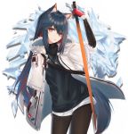  1girl animal_ear_fluff animal_ears arknights arm_up bangs black_hair black_legwear black_shirt commentary cowboy_shot eyebrows_visible_through_hair gloves hair_between_eyes head_tilt highres holding holding_sword holding_weapon jacket jewelry lancer_(worudrleh1) long_hair looking_at_viewer open_clothes open_jacket pantyhose parted_lips pendant red_eyes red_gloves reverse_grip shirt short_shorts shorts sidelocks simple_background solo standing sword tail texas_(arknights) thighs very_long_hair weapon white_background white_jacket white_shorts wolf_ears wolf_tail 