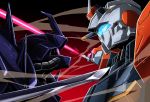  beam_saber blue_eyes commentary_request duel efreet_nacht face-to-face g-line glowing glowing_eyes gradient gradient_background gundam gundam_battlefield_record_uc_0081 highres kumichou_(ef65-1118-ef81-95) mecha no_humans pink_eyes red_background sword upper_body weapon 