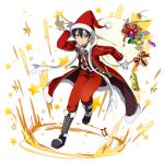  1boy bag bell black_eyes black_footwear black_hair boots closed_mouth coat fur-trimmed_coat fur-trimmed_headwear fur_trim gift_bag gloves hat highres holding holding_bag kirito knee_boots long_sleeves looking_at_viewer male_focus official_art pants red_coat red_headwear red_pants santa_costume santa_hat shiny shiny_hair smile solo sword_art_online transparent_background white_gloves 