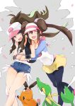  2girls bana_(stand_flower) baseball_cap black_legwear blue_eyes blush bow breasts brown_hair commentary double_bun gen_5_pokemon hat highres hug hug_from_behind legs legwear_under_shorts long_hair mei_(pokemon) multiple_girls open_mouth pantyhose pink_bow poke_ball poke_ball_print pokemon pokemon_(creature) pokemon_(game) pokemon_bw pokemon_bw2 raglan_sleeves shirt short_shorts shorts simple_background smile snivy tepig touko_(pokemon) twintails very_long_hair visor_cap yellow_shorts 