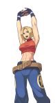  1girl abs absurdres baggy_pants baka_guruo belt blonde_hair blue_eyes blue_mary breasts commentary_request crop_top denim fatal_fury fingerless_gloves gloves highres looking_at_viewer loose_belt midriff muscle navel pants short_hair smile solo the_king_of_fighters transparent_background 