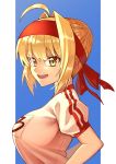 1girl absurdres ahoge bangs blonde_hair blue_background braid breasts commentary_request eyebrows_visible_through_hair fate/extra fate/grand_order fate_(series) from_side green_eyes gym_uniform hair_intakes hair_ribbon highres imuzi large_breasts looking_at_viewer nero_claudius_(fate) nero_claudius_(fate)_(all) open_mouth red_ribbon ribbon shirt short_hair short_sleeves simple_background smile solo two-tone_background white_background white_shirt 