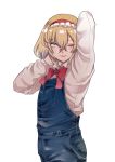  1girl absurdres alice_margatroid arm_up blonde_hair blue_eyes bow bowtie commentary commentary_request denim hairband highres himari-san_yanaika one_eye_closed overalls parted_lips pink_neckwear red_hairband shirt simple_background solo touhou white_background white_shirt 