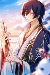  2020 blurry blurry_background blurry_foreground brown_hair closed_mouth code_geass earrings hair_between_eyes happy_new_year highres japanese_clothes jewelry kimono kubird_meme lelouch_lamperouge long_sleeves looking_at_viewer male_focus new_year shiny shiny_hair signature smile violet_eyes white_kimono 