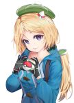  1girl aki_rosenthal bangs black_gloves blonde_hair collarbone cosplay detached_hair eyebrows_visible_through_hair fuenyuan gloves green_headwear hat highres holding holding_poke_ball hololive long_hair looking_at_viewer parted_bangs poke_ball poke_ball_(generic) pokemon pokemon_(game) pokemon_swsh tongue tongue_out violet_eyes virtual_youtuber white_background yuuri_(pokemon) yuuri_(pokemon)_(cosplay) 