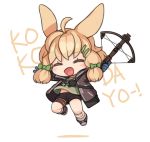  1girl animal_ears arknights bandages black_jacket blue_gloves blush bow_(weapon) crossbow gloves green_shirt holding holding_bow_(weapon) holding_weapon hood hooded_jacket id_card jacket kroos_(arknights) open_clothes open_jacket open_mouth rabbit_ears ran_system shirt shorts solo weapon 