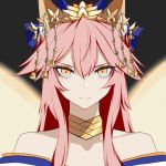  1girl animal_ear_fluff animal_ears bare_shoulders bell collarbone commentary crown elroy eyes_visible_through_hair fate/extra fate/grand_order fate_(series) fox_ears fox_girl fox_tail japanese_clothes light_smile long_hair looking_at_viewer multiple_tails pink_hair solo tail tamamo_(fate)_(all) tamamo_no_mae_(fate) very_long_hair yellow_eyes 