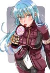  1girl bangs blue_hair blush bodysuit candy commentary food gloves kula_diamond lollipop long_hair looking_at_viewer masakari_(yasudadou) red_eyes solo the_king_of_fighters tongue tongue_out 