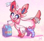  blue_eyes commentary creature drinking_straw english_commentary english_text eyelashes fangs flufflixx full_body gen_6_pokemon happy highres milk_carton no_humans pink_background pokemon pokemon_(creature) signature simple_background solo standing star striped striped_legwear sylveon thigh-highs tongue tongue_out 