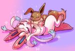  :3 ^_^ blush closed_eyes commentary creature eevee english_commentary flufflixx full_body gen_1_pokemon gen_6_pokemon gradient gradient_background happy lying no_humans on_back on_stomach pokemon pokemon_(creature) purple_background signature simple_background sparkle sylveon 