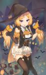  1girl aki_rosenthal alternate_costume asymmetrical_gloves bangs bare_shoulders black_headwear black_legwear blonde_hair breasts commentary detached_hair elbow_gloves eyebrows_visible_through_hair food_themed_hair_ornament fuenyuan gloves hair_ornament halloween hat highres hololive large_breasts long_hair looking_at_viewer open_mouth parted_bangs pumpkin_hair_ornament smile solo thigh-highs tongue tongue_out twintails violet_eyes virtual_youtuber witch_hat 