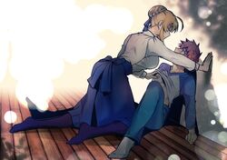  1boy 1girl against_wall ahoge artoria_pendragon_(all) artoria_pendragon_(lancer) blonde_hair blue_legwear blue_skirt blush braid breasts emiya_shirou fate/grand_order fate/stay_night fate_(series) french_braid goldfish_fate grey_legwear kneeling large_breasts nose_blush orange_eyes orange_hair pants pantyhose raglan_sleeves shirt shirt_lift sidelocks skirt smile wall_slam white_shirt 