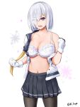  1girl black_legwear blue_eyes blush bra breasts eyes_visible_through_hair floral_background gloves hair_ornament hair_over_one_eye hairclip hamakaze_(kantai_collection) highres kantai_collection large_breasts lingerie_(aki3240) looking_at_viewer navel open_clothes open_mouth pantyhose pleated_skirt school_uniform serafuku short_hair short_sleeves silver_hair skirt solo underwear white_bra white_gloves 