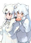  2girls animal_ears arctic_fox_(kemono_friends) bangs bear_ears behind_another black_gloves black_hair bow bowtie brown_eyes capelet closed_mouth eating extra_ears feeding food fox_ears gloves hand_on_another&#039;s_hand hands_on_another&#039;s_shoulders hands_up holding holding_food jacket japari_bun kemono_friends long_hair long_sleeves looking_afar looking_down medium_hair multicolored multicolored_clothes multicolored_gloves multicolored_hair multiple_girls pocket polar_bear_(kemono_friends) rumenia_(ao2is) sidelocks simple_background two-tone_hair upper_body white_background white_capelet white_gloves white_hair white_jacket 