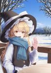  1girl :d bangs bare_tree black_headwear black_vest blonde_hair blue_scarf blue_sky bow braid breath chair clouds commentary_request day enpera eyebrows_visible_through_hair hair_between_eyes hair_bow hat hat_bow highres kirisame_marisa long_hair long_sleeves looking_at_viewer open_mouth outdoors railing scarf shirt single_braid sky smile snow solo table torinari_(dtvisu) touhou tree upper_body vest white_bow white_shirt witch_hat yellow_eyes 